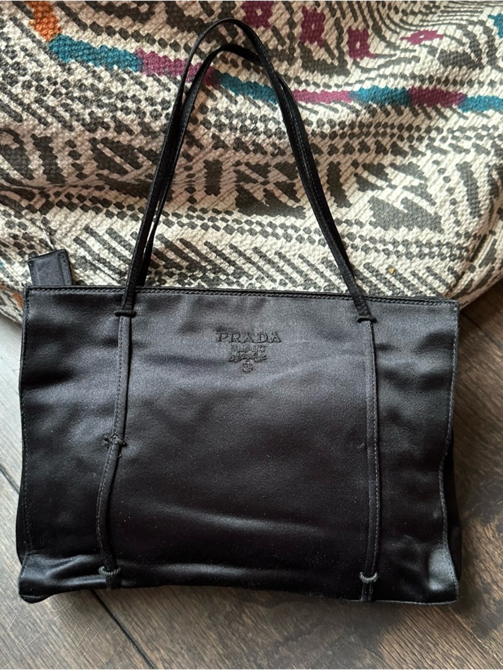 Prada small black silk tote logo vintage